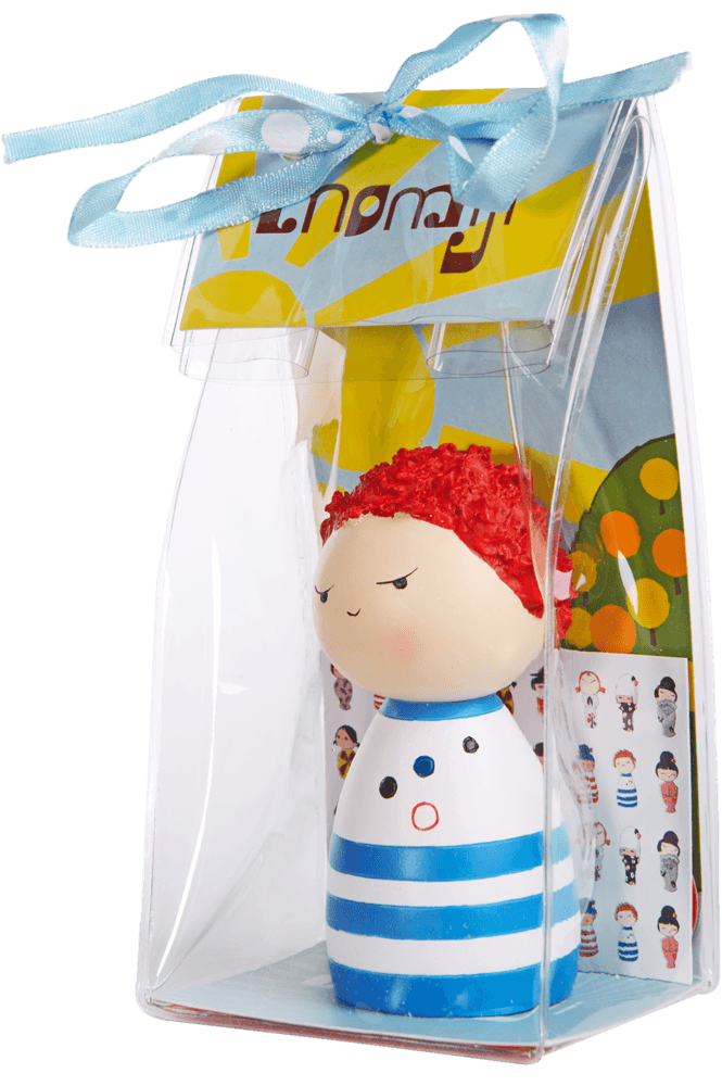 Spike Momiji doll with red hair and blue stripes, in a clear box tied with a blue ribbon. Cute collectible, perfect for gifting. — Momiji Doll