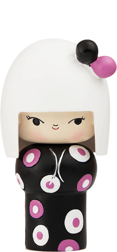 Dance Dance Dance Momiji doll with white bob, black outfit with pink and white polka dots, and a bow on her head. — Momiji Doll