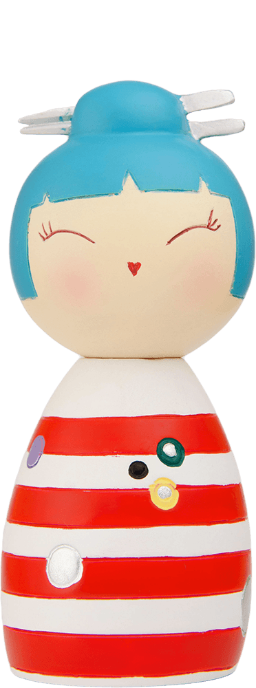 Blu Momiji doll with blue hair, red striped dress, closed smiling eyes, and rosy cheeks. Cute collectible character design. — Momiji Doll