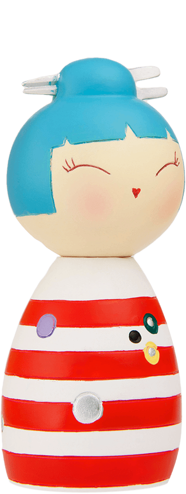 Blu Momiji doll with blue hair, cheerful face, and a red-and-white striped dress. Each Momiji doll holds a secret message inside. — Momiji Doll