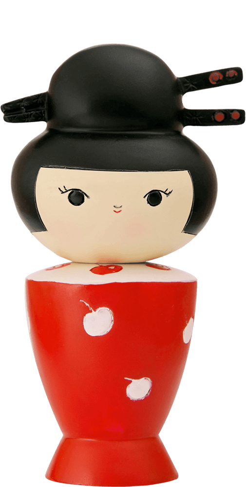 Cherries Momiji doll with black hair, chopstick hairpieces, and a red dress patterned with white circles. — Momiji Doll
