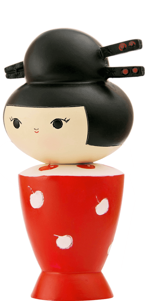 Cherries Momiji doll with a round face, black hair in buns with chopsticks, and a red dress with white dots. Collectible and kawaii. — Momiji Doll
