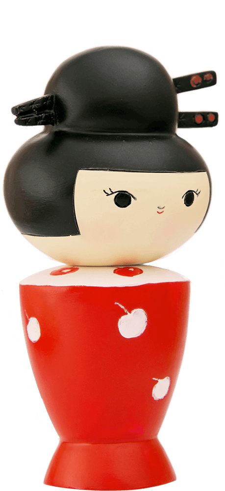 Cherries Momiji doll with black hair, red cherry dress, painted face, and message slot. Displayed on a white background. — Momiji Doll