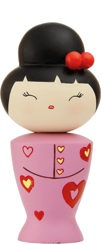 Cha cha cha Momiji doll with black hair, red bow, pink dress decorated with red and yellow hearts. Includes hidden message slot. — Momiji Doll