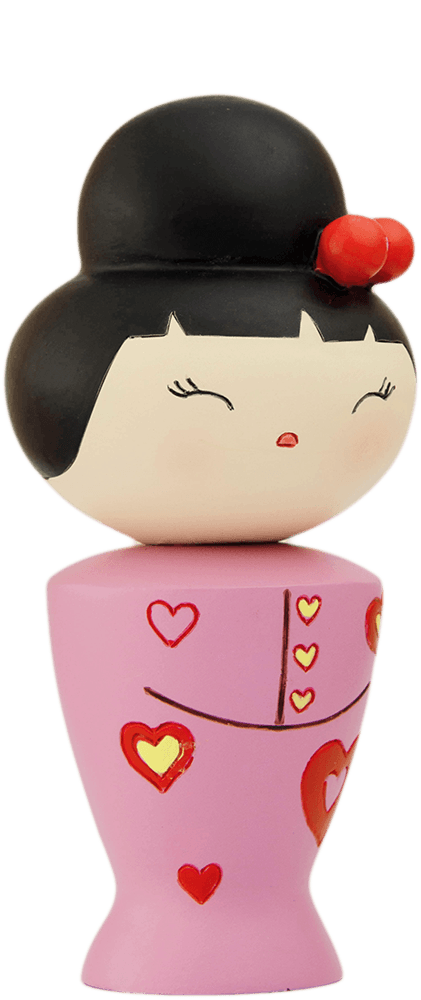 Cha cha cha Momiji doll with black hair, red hairpiece, pink heart dress; hides a secret message inside. Collectible and kawaii. — Momiji Doll