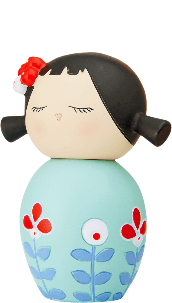 Flowers 2 Momiji doll with closed eyes, black hair, red hair accessory and a blue floral dress decorated with flowers. — Momiji Doll