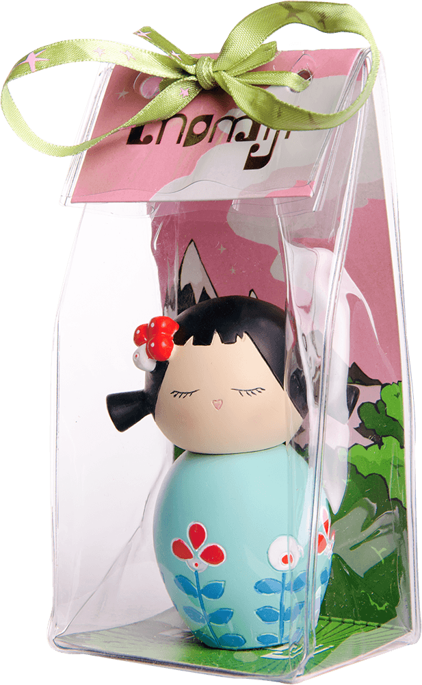 Flowers 2 Momiji doll with black hair, red bow, floral dress, in a clear box tied with a green ribbon. — Momiji Doll
