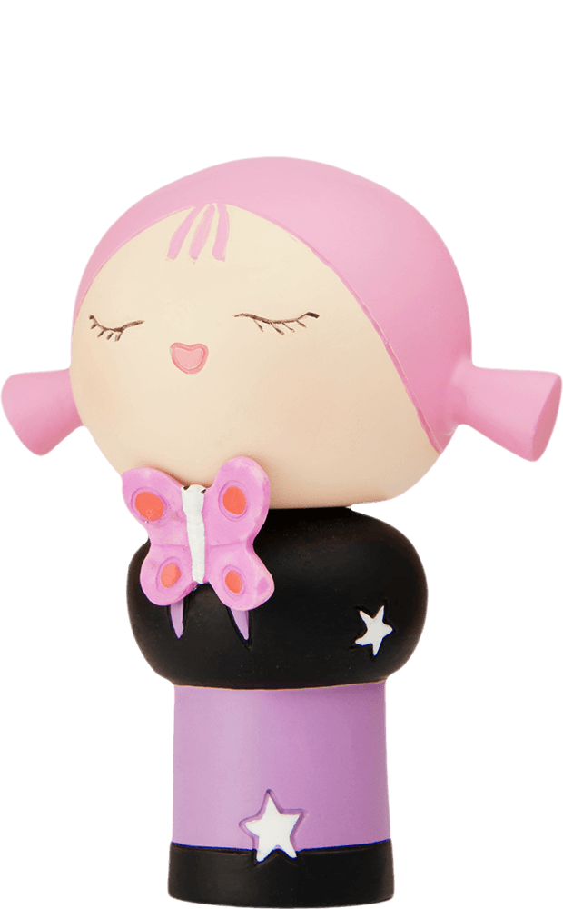 Smiling Momiji doll with pink hair, closed eyes, butterfly detail on chest, and a starry black-purple dress. — Momiji Doll