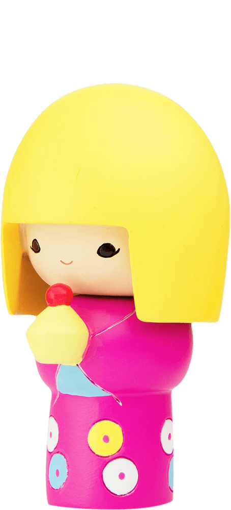 Momiji doll with yellow hair, pink dress, colorful circles, holding a red-yellow toy; cute collectible with hidden message. — Momiji Doll