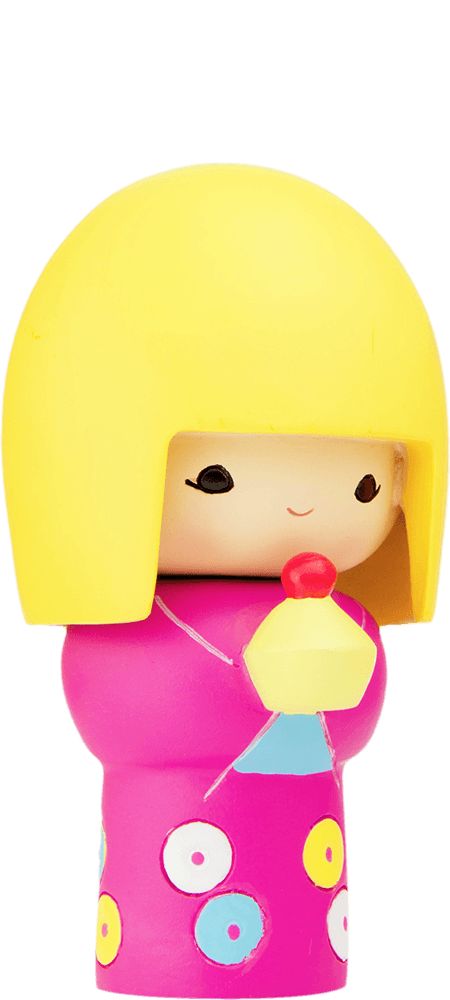 Pixie Momiji doll with a yellow bob, pink dress covered in colorful circles, holding a red and yellow object. — Momiji Doll