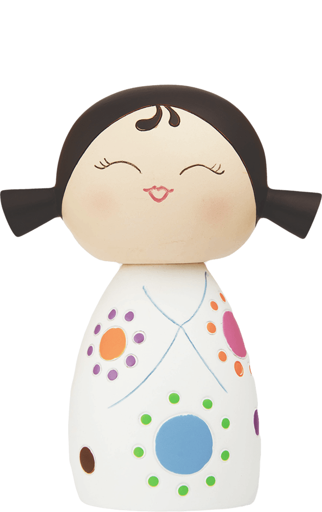 Giggles 2 Momiji doll with pigtails, white dress covered in colorful dots and playful patterns. Kawaii design, collectible character. — Momiji Doll