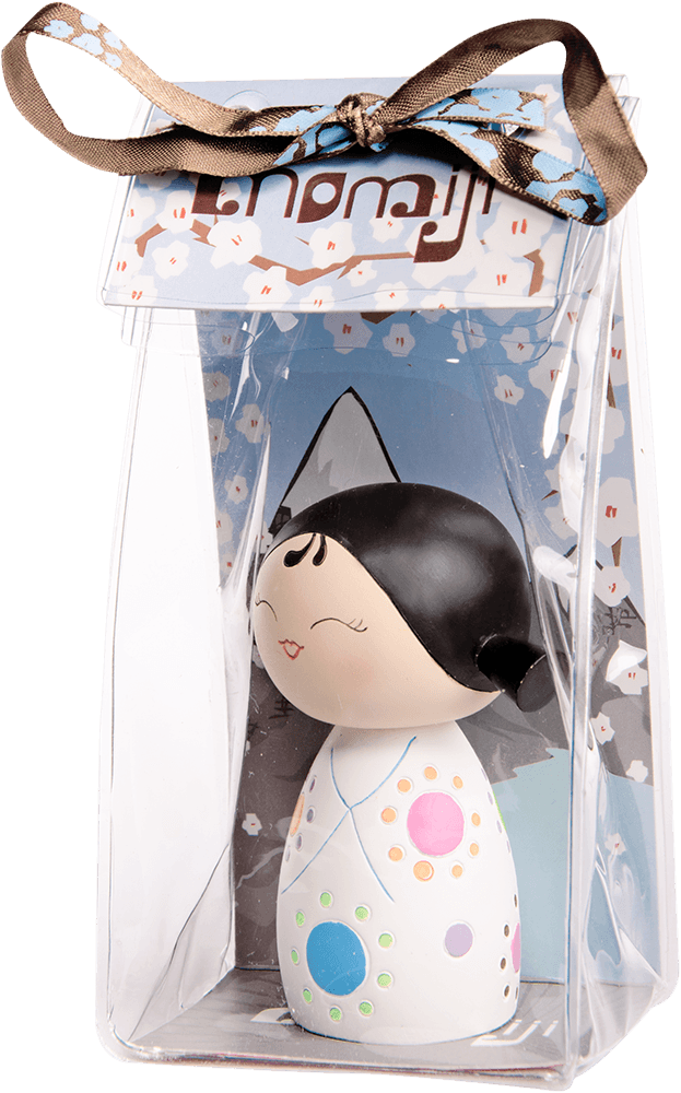 Giggles 2: A Momiji doll with black hair, cute painted details, in a clear gift box tied with a brown ribbon; kawaii collectible. — Momiji Doll