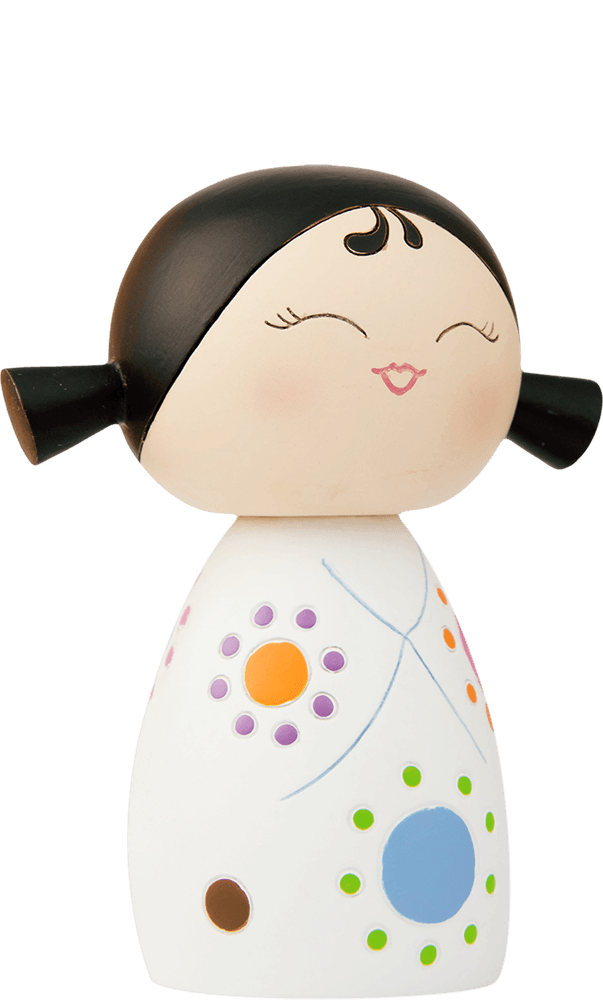 Giggles 2: Momiji doll with black pigtails, a smiling face, and a white dress with colorful dots. Secret message hidden inside. — Momiji Doll