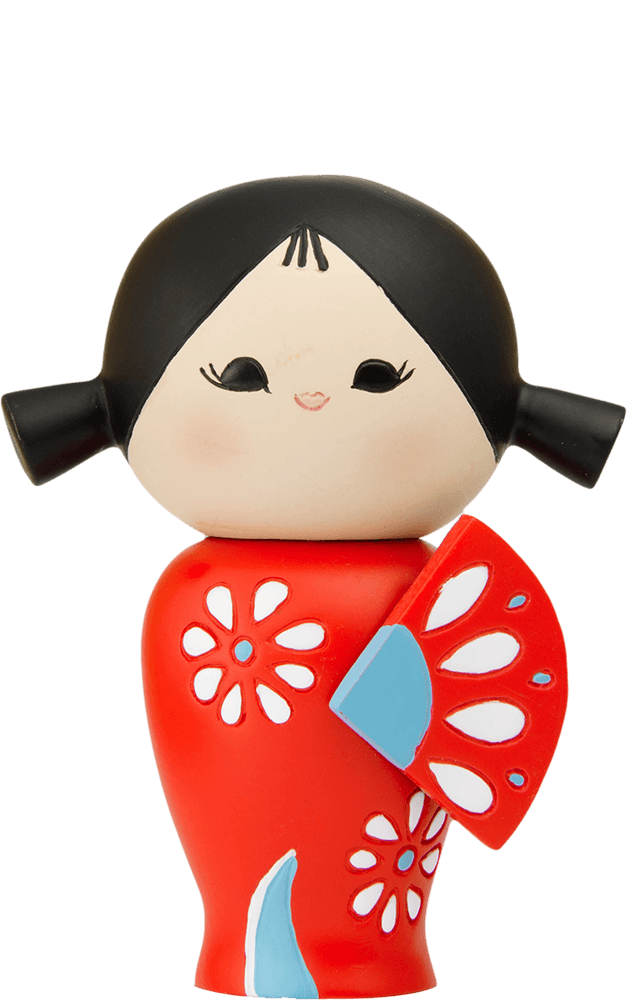 Happy Happy Happy Momiji doll with black hair, red dress with white flowers, and a matching fan—secret message hidden inside. — Momiji Doll