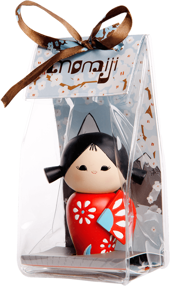 Happy Happy Happy Momiji doll in a clear box with a brown ribbon and floral accents, hiding a secret message inside. — Momiji Doll