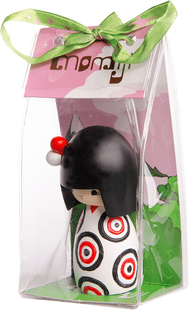 Funny Girl Momiji doll with black bob, white dress with red bullseyes, in a clear box tied with a green ribbon. — Momiji Doll