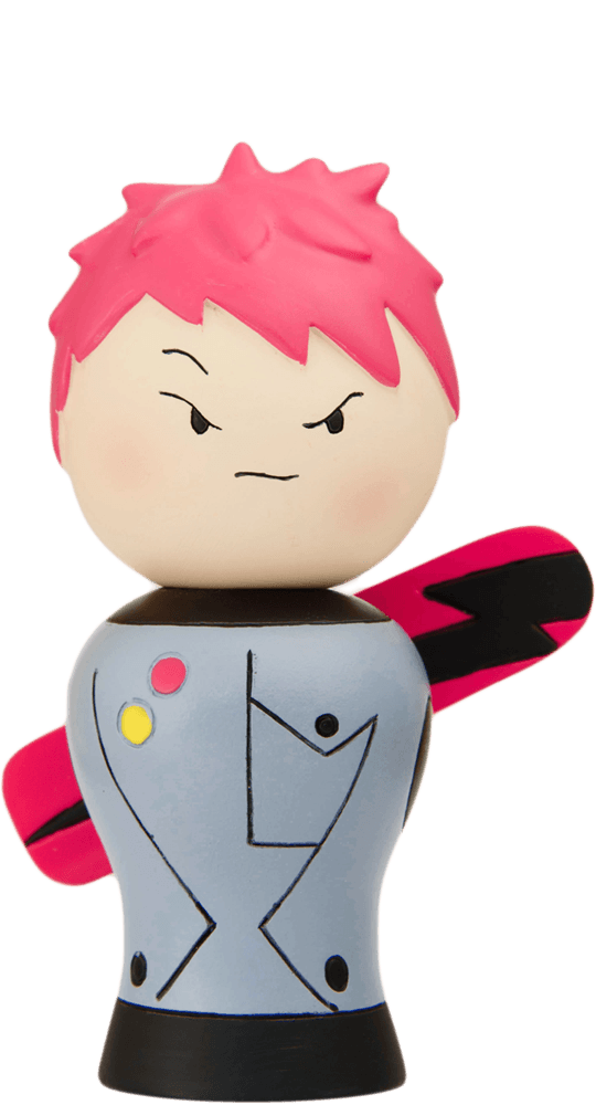 Ollie Momiji doll with pink spiky hair, gray and black streetwear, fierce expression, holding a pink and black item. — Momiji Doll