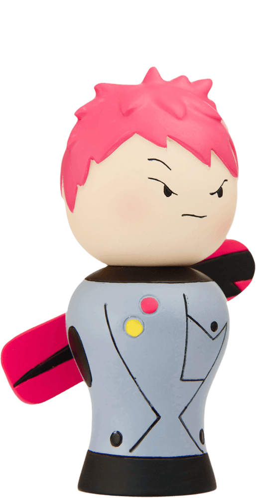 Ollie Momiji doll with spiky pink hair, serious face, blue outfit with black and pink details; collectible character. — Momiji Doll