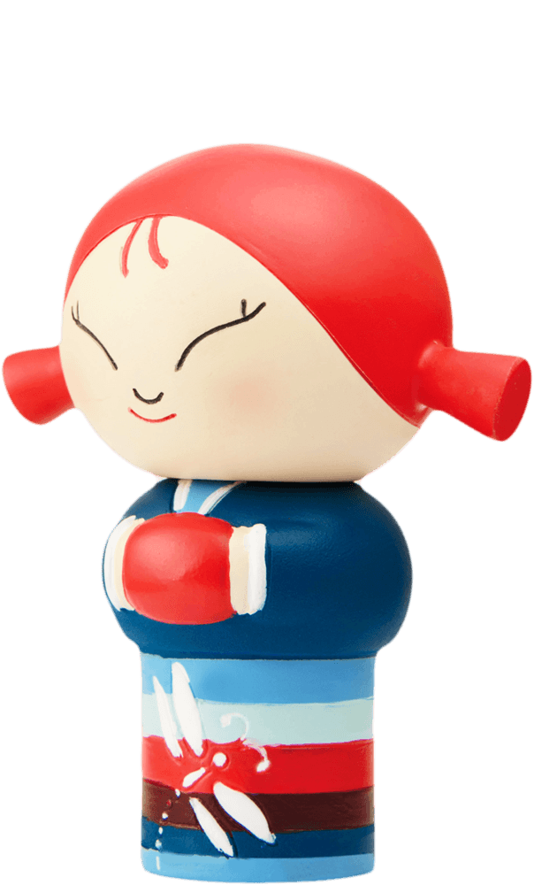 The Laughing Momiji doll is kawaii, with a red headscarf, blue outfit, closed eyes, and crossed arms. — Momiji Doll