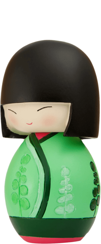 Soul Momiji doll with a big smile, black hair, and a green outfit decorated with leaf patterns; cute collectible character. — Momiji Doll