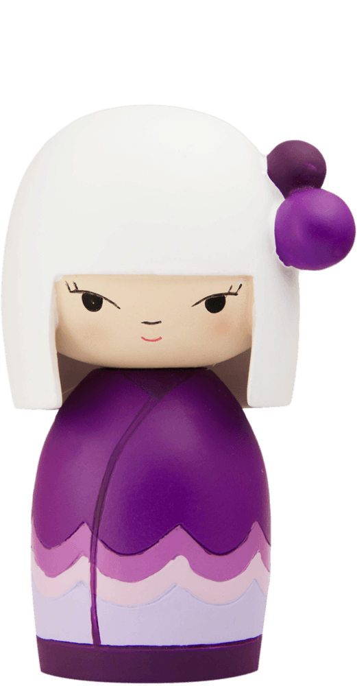 Silly Billy Momiji doll with white hair, purple ornament, minimalist details. Collectible vinyl character with hidden message. — Momiji Doll