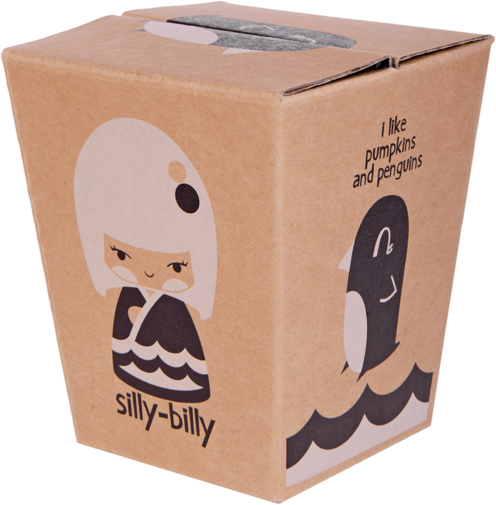 Cardboard box with kawaii Momiji doll and penguin label. Product name: Silly Billy. Playful colors and cute character design. — Momiji Doll