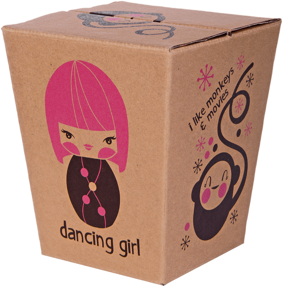 Brown box with Dancing Girl Momiji doll—kawaii pink-haired figure, monkey pal, speech bubble: “I like monkeys & movies.” Cute gift. — Momiji Doll