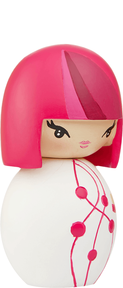 Dancing Girl Momiji doll with glossy pink bob, white body, and pink lines and circles. Collectible with hidden message inside. — Momiji Doll
