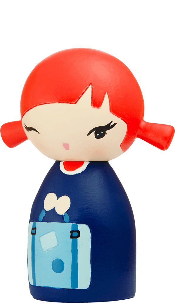 Poppet Momiji doll with red hair, winking, in a navy dress holding a light blue bag; collectible and cute. — Momiji Doll