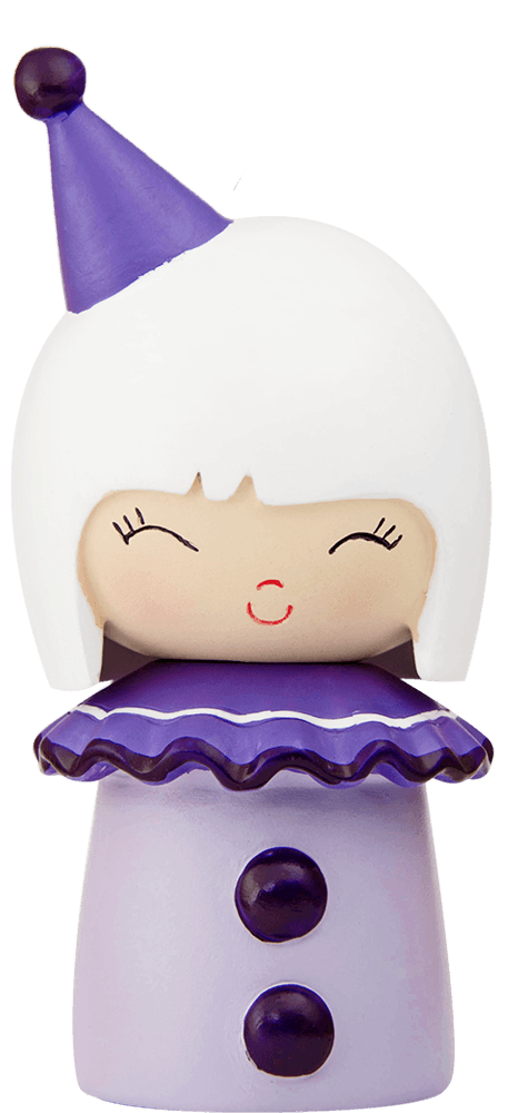 Funny Girl Momiji doll with a white bob, purple hat, ruffled collar, and two purple buttons, smiling playfully. — Momiji Doll