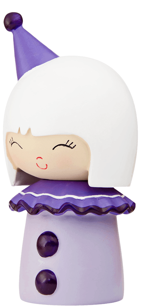 Funny Girl Momiji doll with white hair, purple hat, and ruffled collar, smiling sweetly; designed for gifting and collecting. — Momiji Doll
