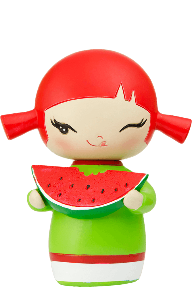 Poppet Momiji doll with red hair, winking face, green outfit, holding a watermelon slice. — Momiji Doll