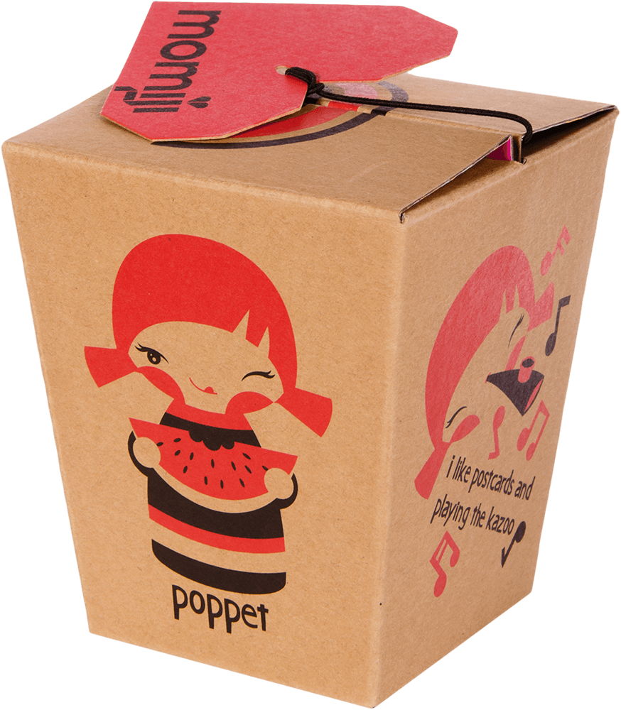 Brown box labeled "Poppet" holds a Momiji doll, cartoon girl with watermelon, topped with red Momiji tag, collectible gift. — Momiji Doll