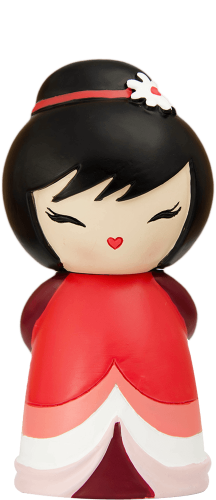 Coco Momiji doll with black hair, a red dress, closed eyes, and a small red heart-shaped mouth. — Momiji Doll