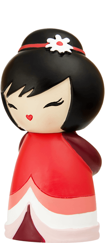 Coco Momiji doll with black hair, red dress, white flower headband, and a sweet closed-eye smile. — Momiji Doll