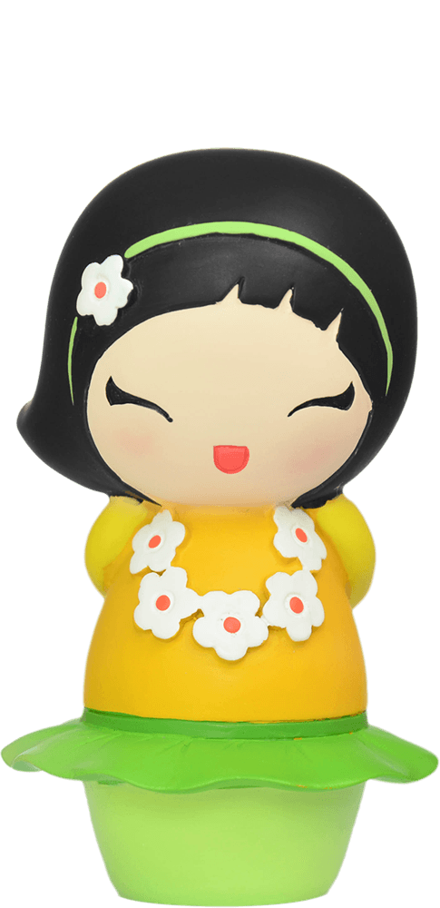 Momiji doll, Dancing Girl character, with black hair, yellow dress, and flower garland. Collectible kawaii gift. — Momiji Doll