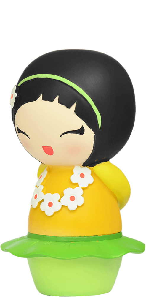 The Dancing Girl Momiji doll has a black bob, yellow dress, green base, closed eyes, and a white flower necklace. — Momiji Doll
