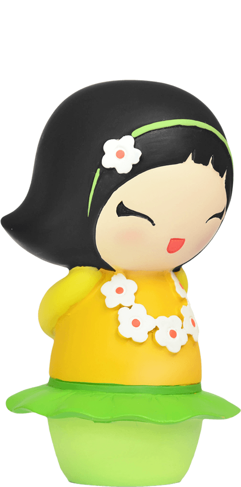 Momiji doll "Dancing Girl" with black hair, yellow top, green skirt, white flower accents, smiling sweetly. — Momiji Doll
