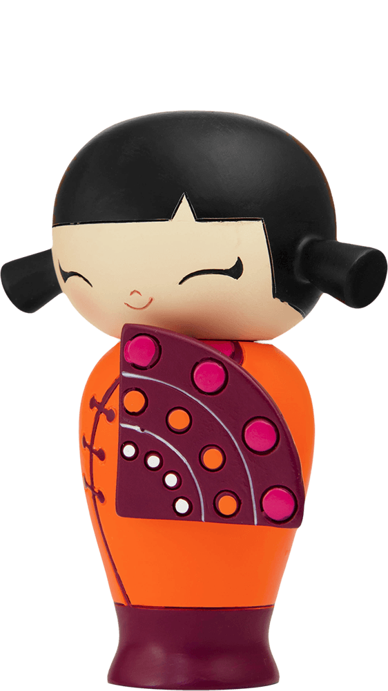 Happy Happy Happy Momiji doll with black hair, purple and pink kawaii-style patterns, collectible and hides a secret message. — Momiji Doll