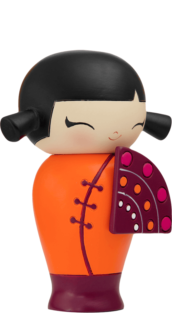 Happy Happy Happy Momiji doll with black hair, orange outfit, purple fan, and closed-eye smile. Secret message hidden inside. — Momiji Doll