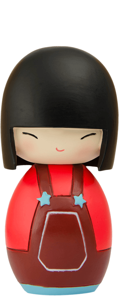 Soul Momiji doll with straight black hair, red outfit, brown apron, blue star-shaped buttons, and a cheerful smile. — Momiji Doll