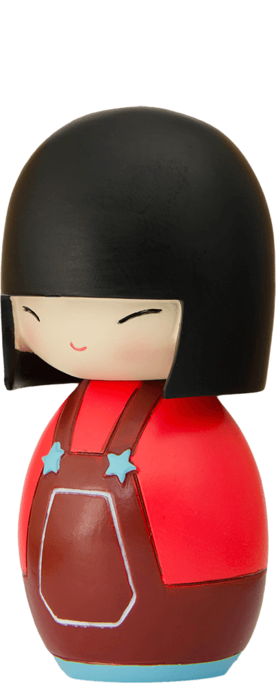 Momiji doll "Soul" with black hair, red outfit, brown apron, and blue star-shaped buttons; smiling and kawaii. — Momiji Doll