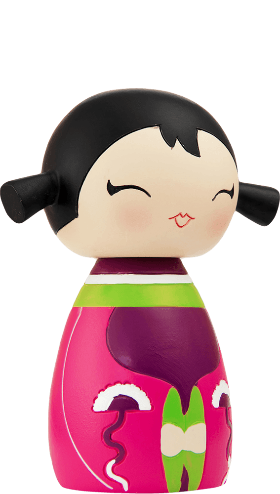 Giggles Momiji doll with black hair, a pink-purple dress, and a smiling face; kawaii collectible hiding a secret message inside. — Momiji Doll