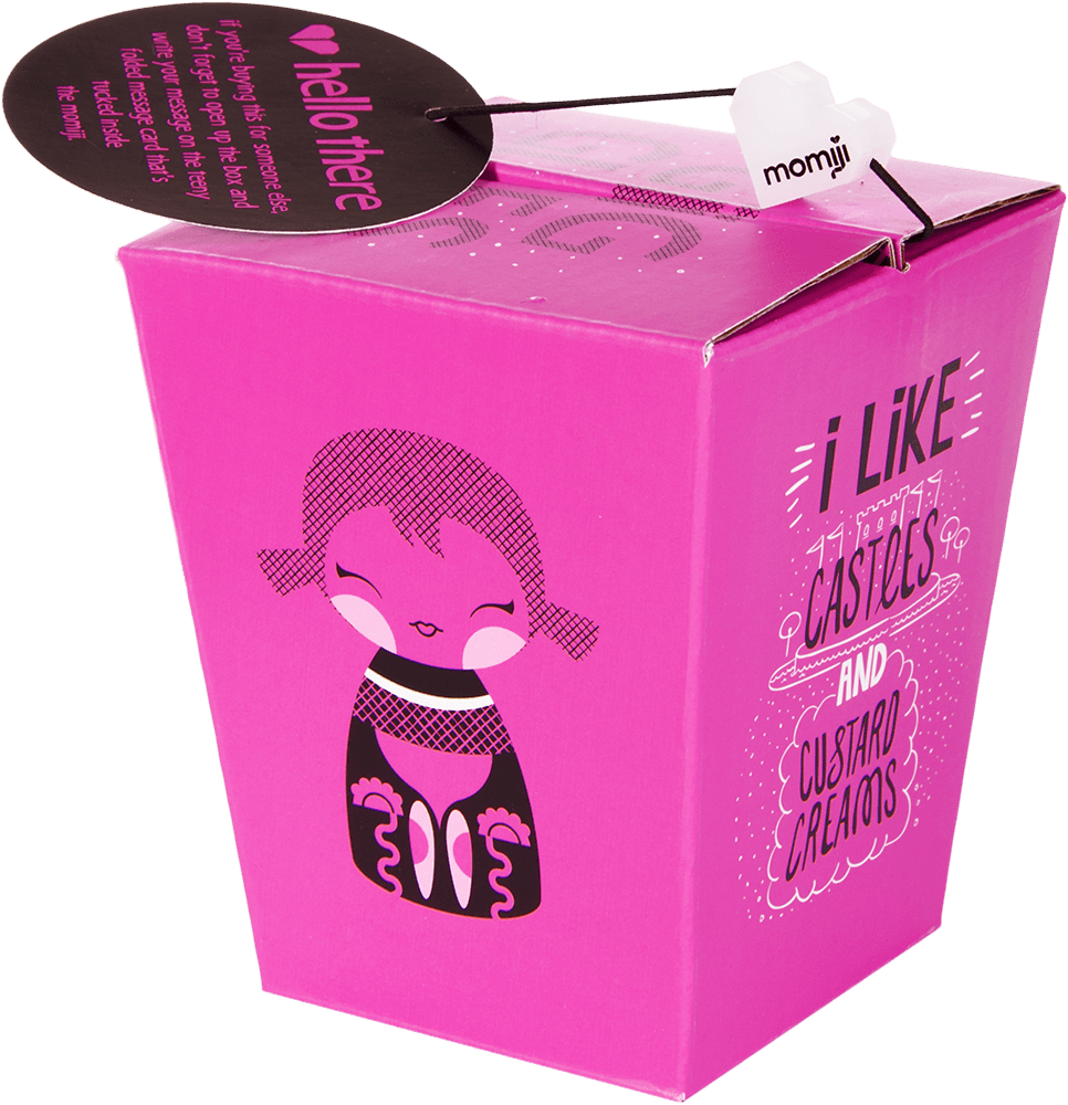 A bright pink Giggles box shows a kawaii Momiji doll and the phrase "I like castles and custard creams. — Momiji Doll