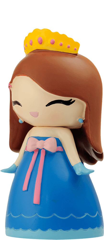 Momiji doll with brown hair, yellow crown, blue dress, pink bow, and blue gloves, smiling sweetly; collectible vinyl design. — Momiji Doll
