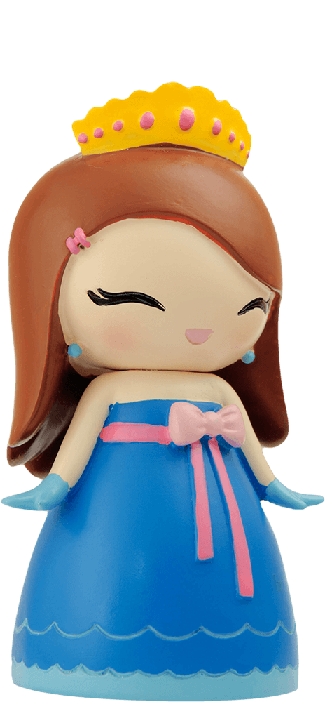 Momiji doll with yellow crown, blue dress, pink bow, and brown hair; kawaii collectible hiding a secret message inside. — Momiji Doll