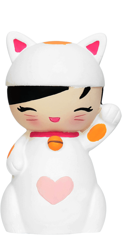Lucky Kitty Momiji doll wears a white cat costume with pink accents, smiles brightly and raises one paw. Secret message inside. — Momiji Doll