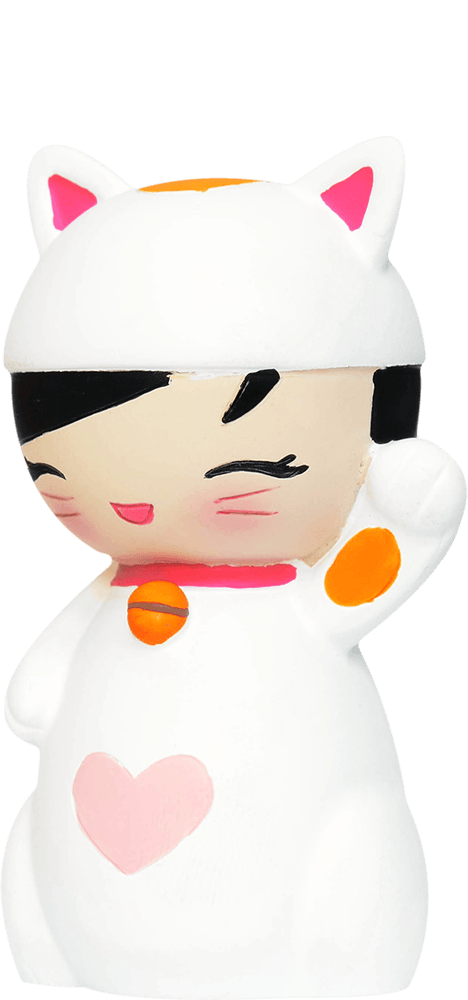 Lucky Kitty Momiji doll: smiling girl in a white cat costume with pink accents and a heart detail on the front. — Momiji Doll