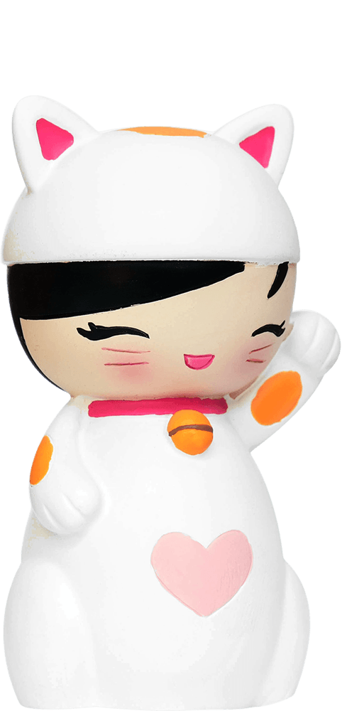 Lucky Kitty Momiji doll wears a white cat suit with pink ears, orange spots, and a pink heart detail. Cute vinyl collectible. — Momiji Doll