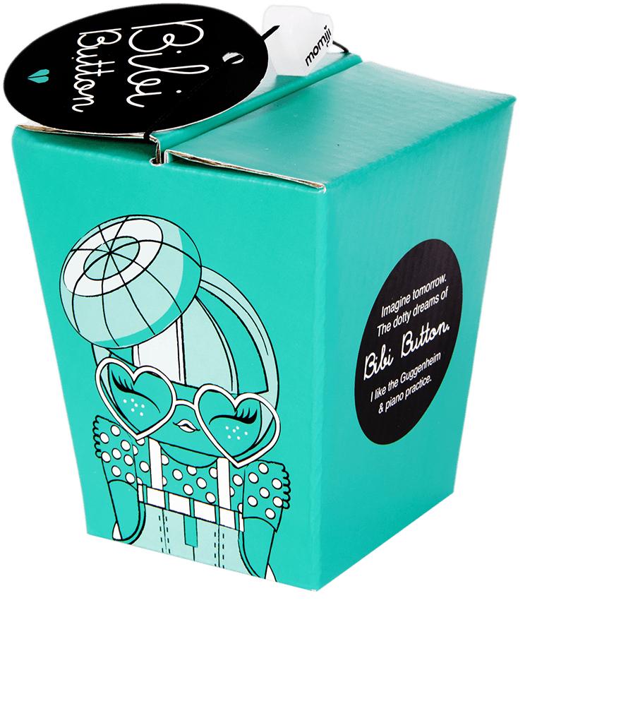 Teal box with Bibi Button Momiji doll, heart glasses, round hat, and a black label reading "Bibi Button. — Momiji Doll